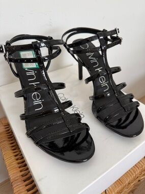 Calvin Klein Racina Black Patent Strappy Heeled Sandals - NWT